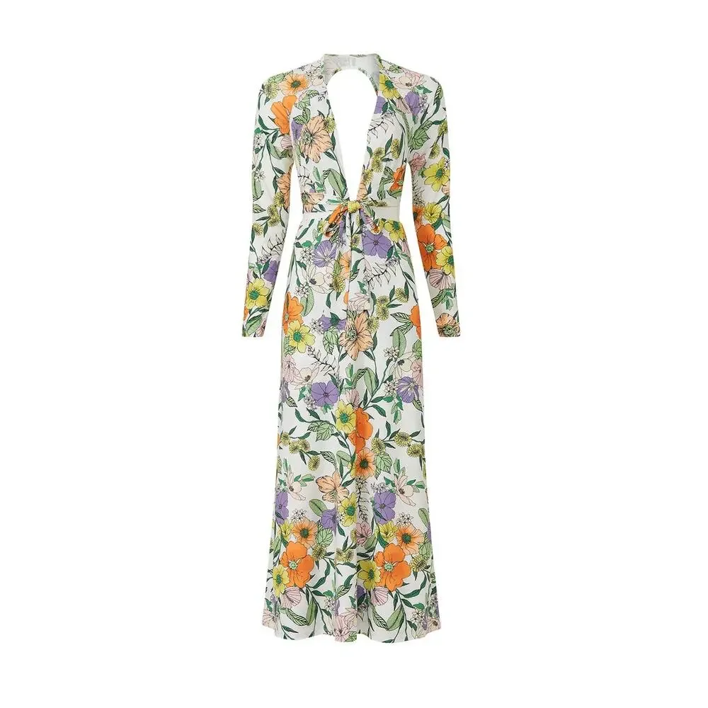 AFRM White Vintage Floral Assi Long Sleeve Cutout V Neck Open Back Maxi Dress XS